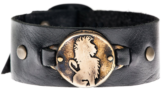 Bronze Lion Leather Cuff Bracelet by Marla Studio