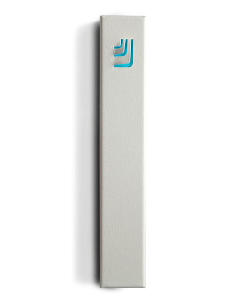 Metal Folded Shin Mezuzah in White and Turquoise by ceMMent