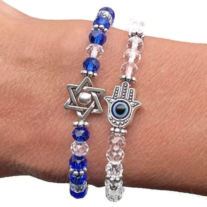 Glass Beaded Stretch Bracelet- Star of David or Hamsa