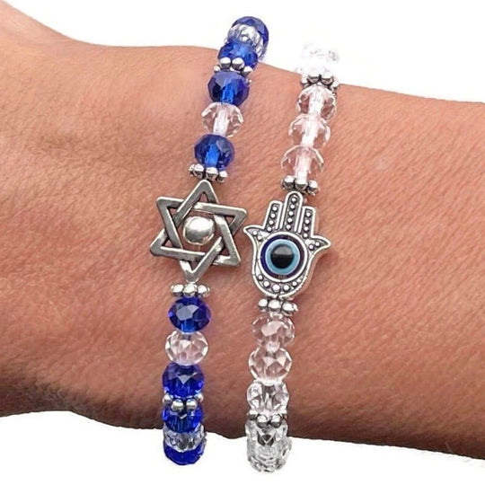 Glass Beaded Stretch Bracelet - Star of David or Hamsa