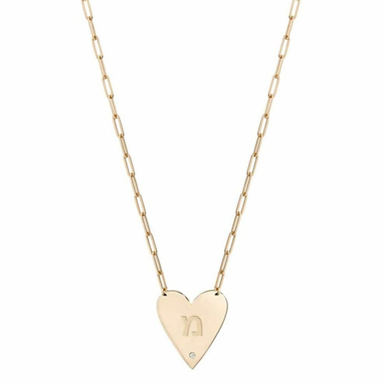 Mijal Diamond Heart Necklace with Engraved Hebrew Initial - (Sterling Silver, Gold-Plated or Two-Tone)