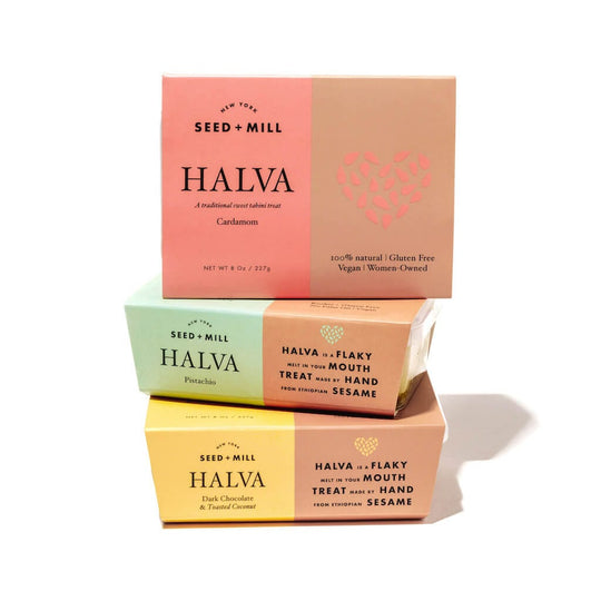 Seed + Mill Nostalgia Halva Trio - Pistachio, Dark Chocolate & Toasted Coconut and Cardamom