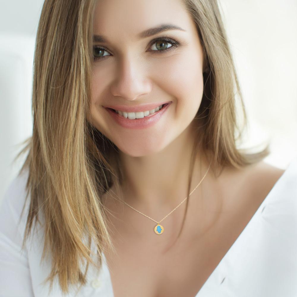 Alef Bet Necklaces Blue Gold and Blue Hamsa Rounded Necklace
