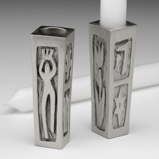 Shabbat Candle Holders with Figures by Emily Rosenfeld