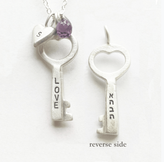 Love Is the Key Ahava Sterling Silver Necklace Personalized with Hebrew Initials