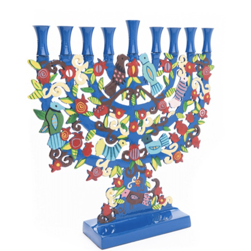 Yair Emanuel Menorahs Hand Painted Menorah - Pomegranates + Birds by Yair Emanuel