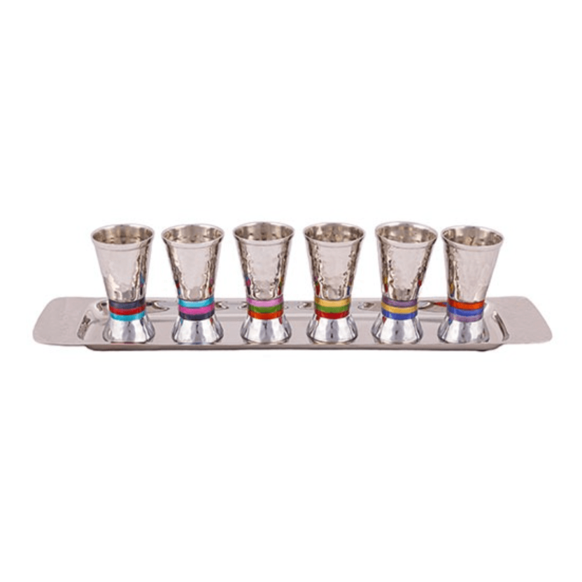 6 Kidush store Shabbat cups ob tray Silver coated Jerusalem design Made in Israel