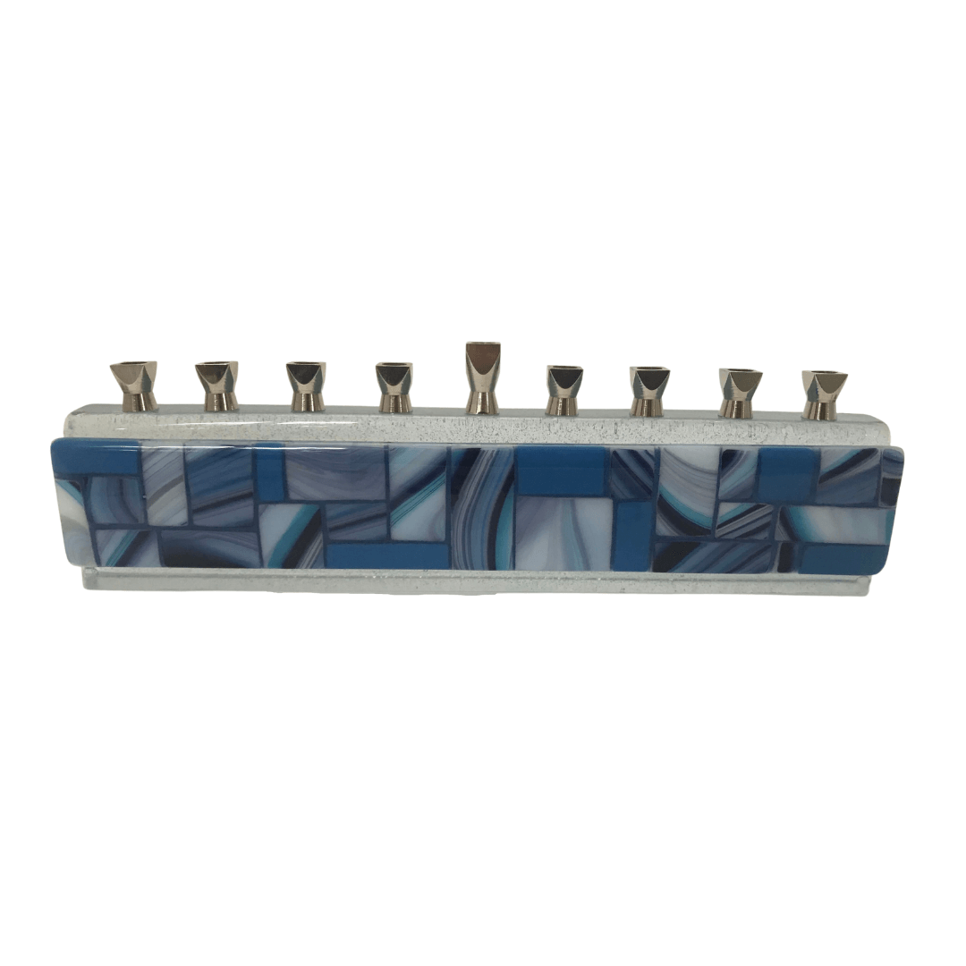Ellen Vener Menorahs Shades on Blue Handmade Glass Menorah
