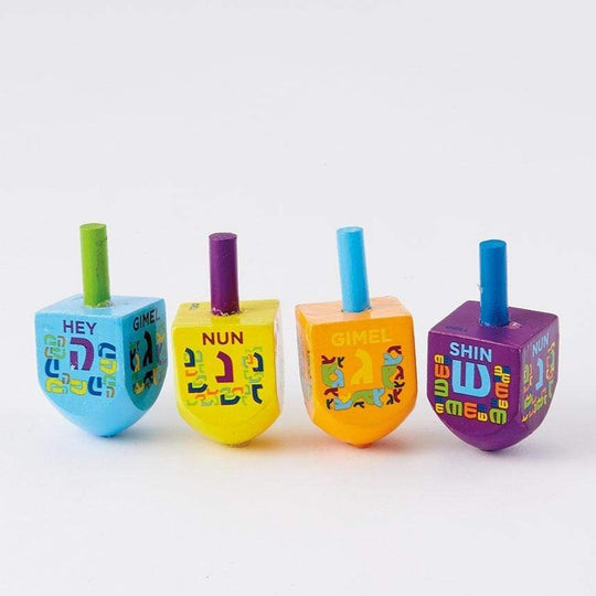 Four Small Painted Wood Dreidels