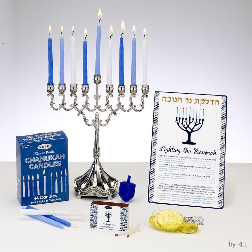 Complete Hanukkah Set: Menorah, Candles, Gelt & Dreidel