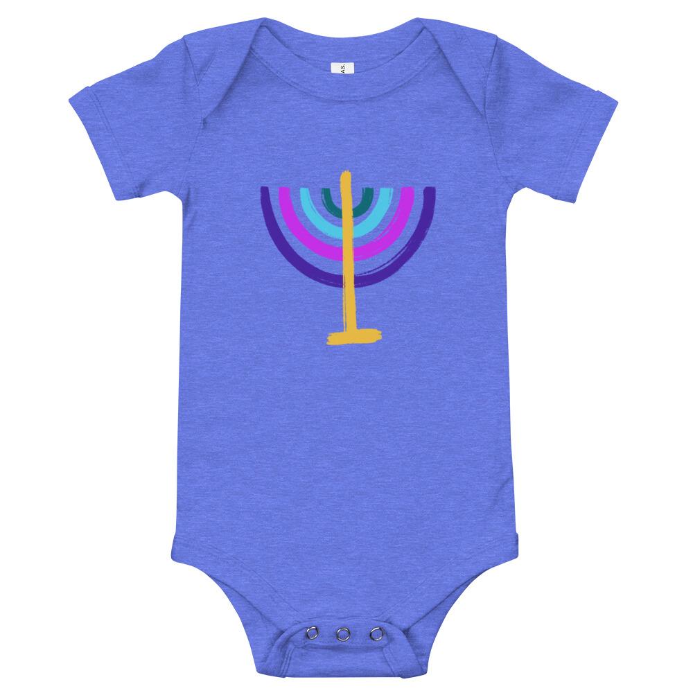 ModernTribe Heather Columbia Blue / 3-6m Colorful Menorah Baby Onesie