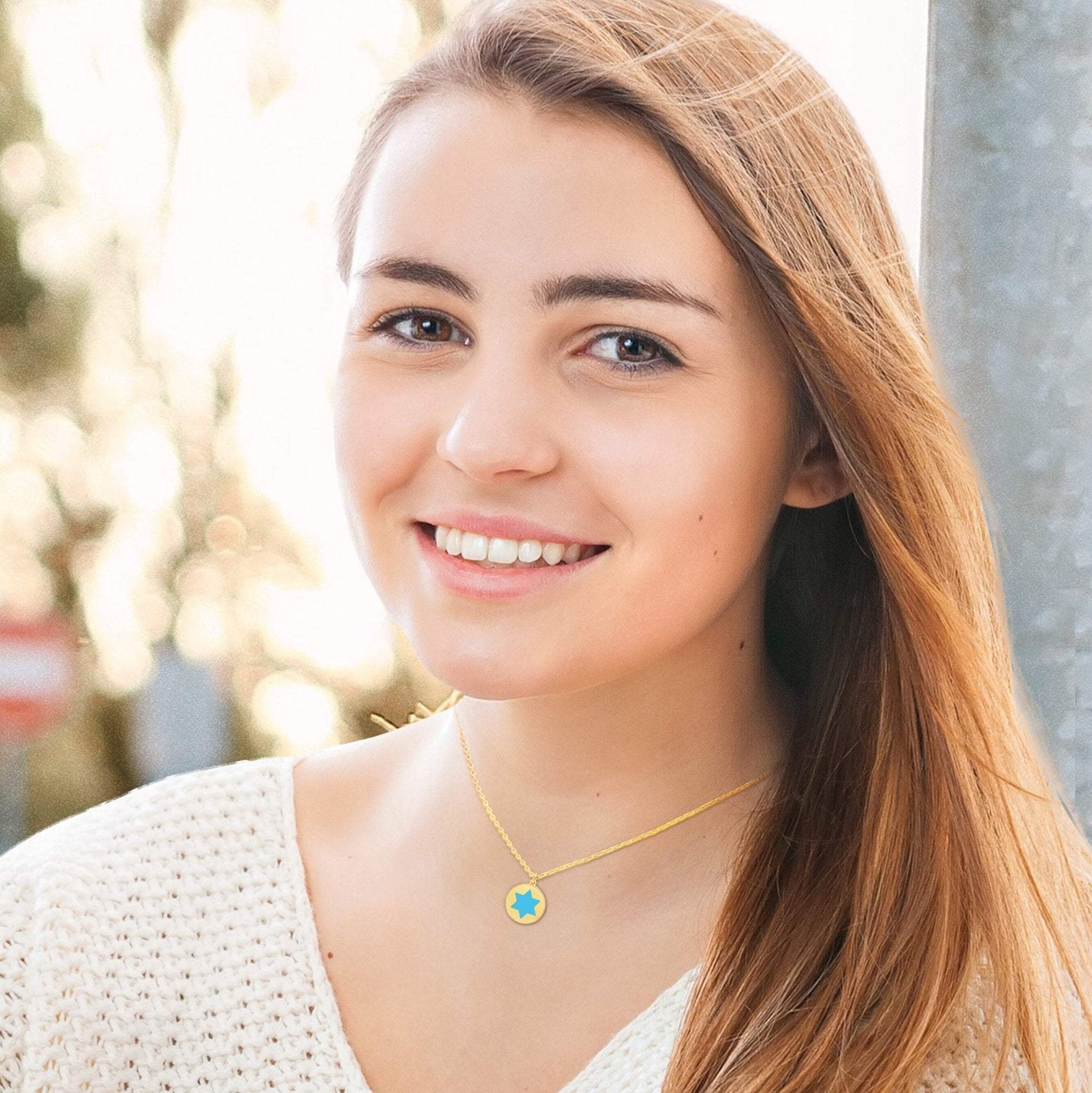 Alef Bet Necklaces Blue Gold and Blue Star of David Rounded Necklace