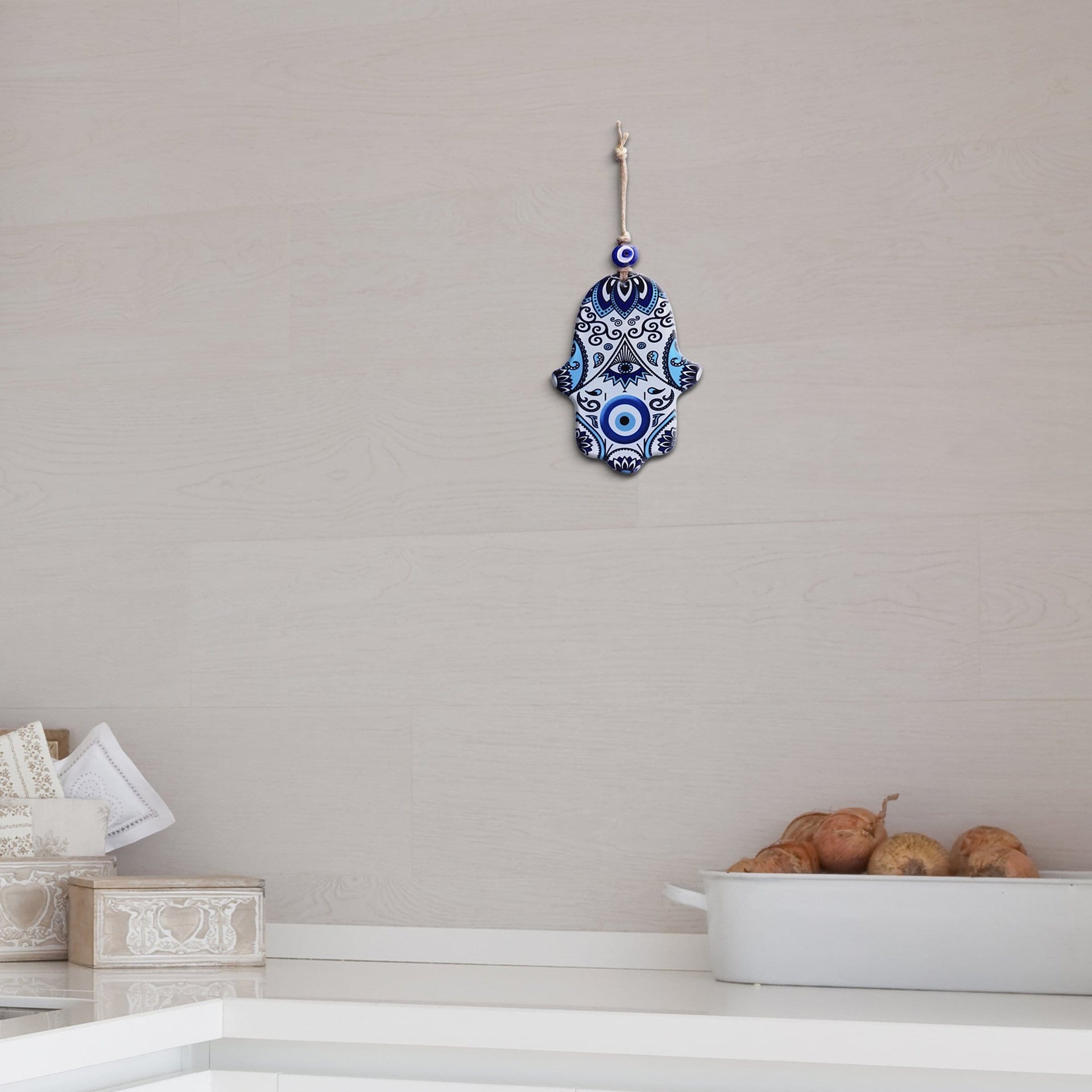 Alef Bet Hamsa Default Watchful Evil Eye and Hamsa Glass Wall Hanging