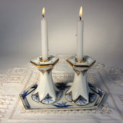 Judaica Hungarica Candlesticks Blue and White Porcelain Shabbat Candlesticks