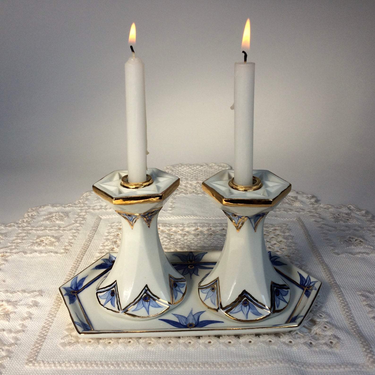 Judaica Hungarica Candlesticks Blue and White Porcelain Shabbat Candlesticks