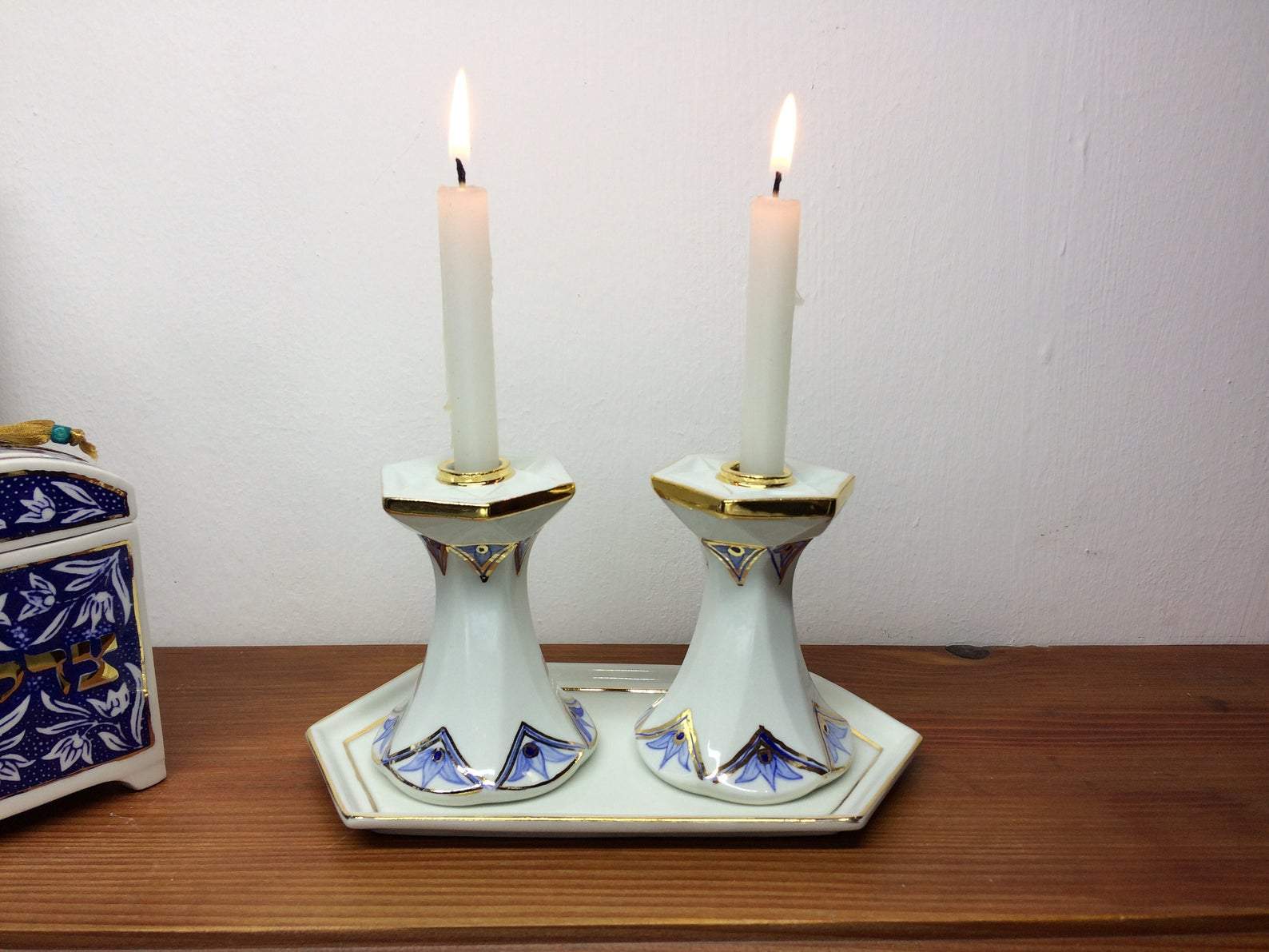 Judaica Hungarica Candlesticks Blue and White Porcelain Shabbat Candlesticks