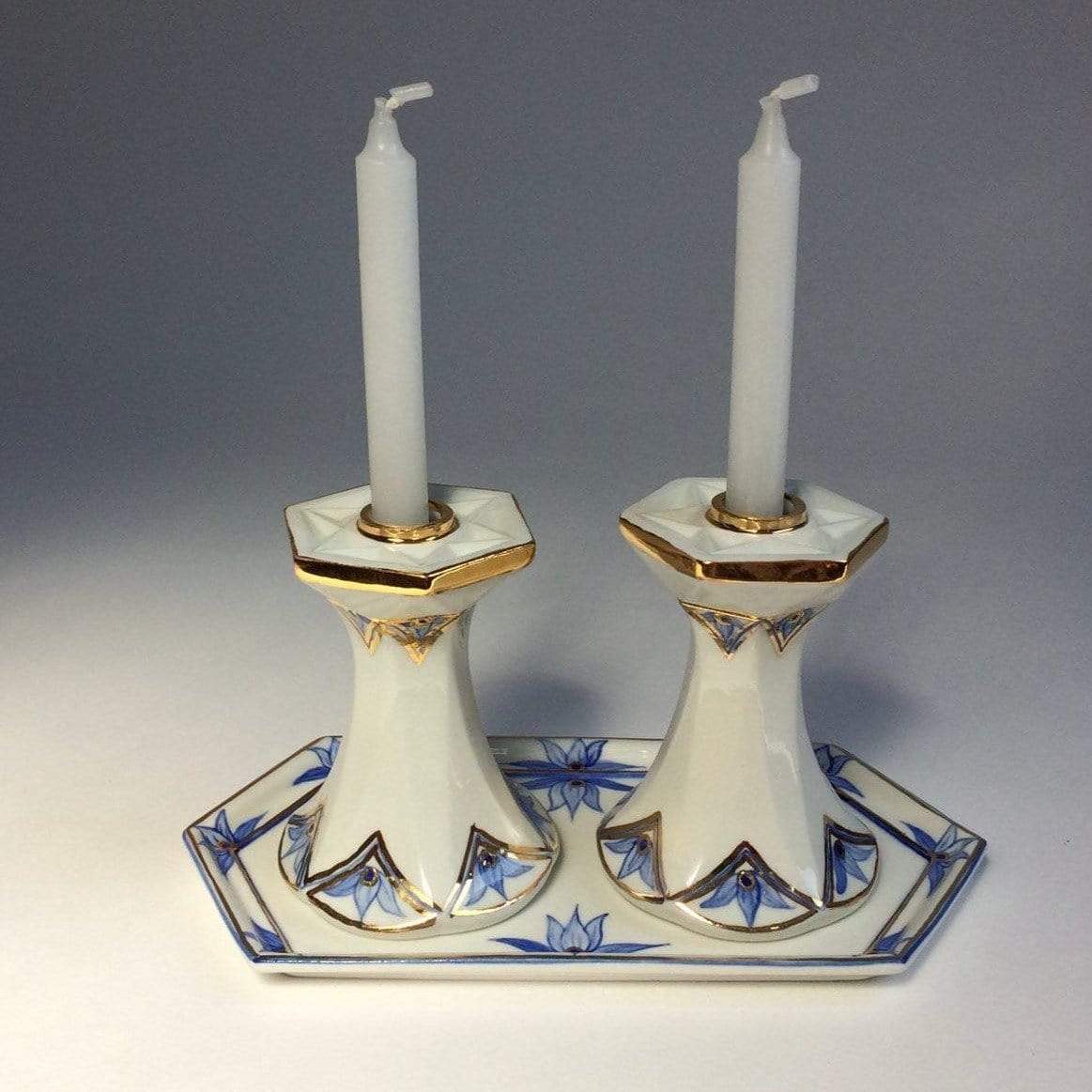 Judaica Hungarica Candlesticks Blue and White Porcelain Shabbat Candlesticks