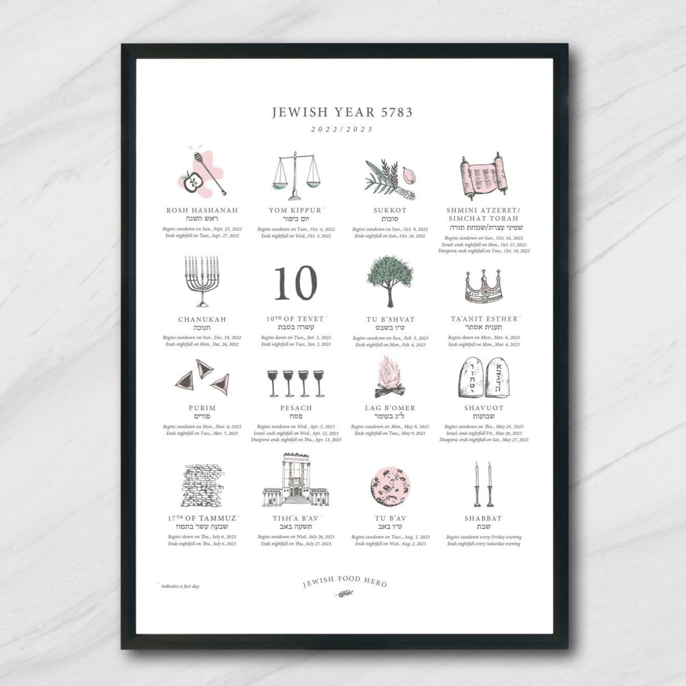 Jewish Food Hero Calendars Jewish Holiday Calendar Print 5782 (2021 - 2022) - Frame Not Included