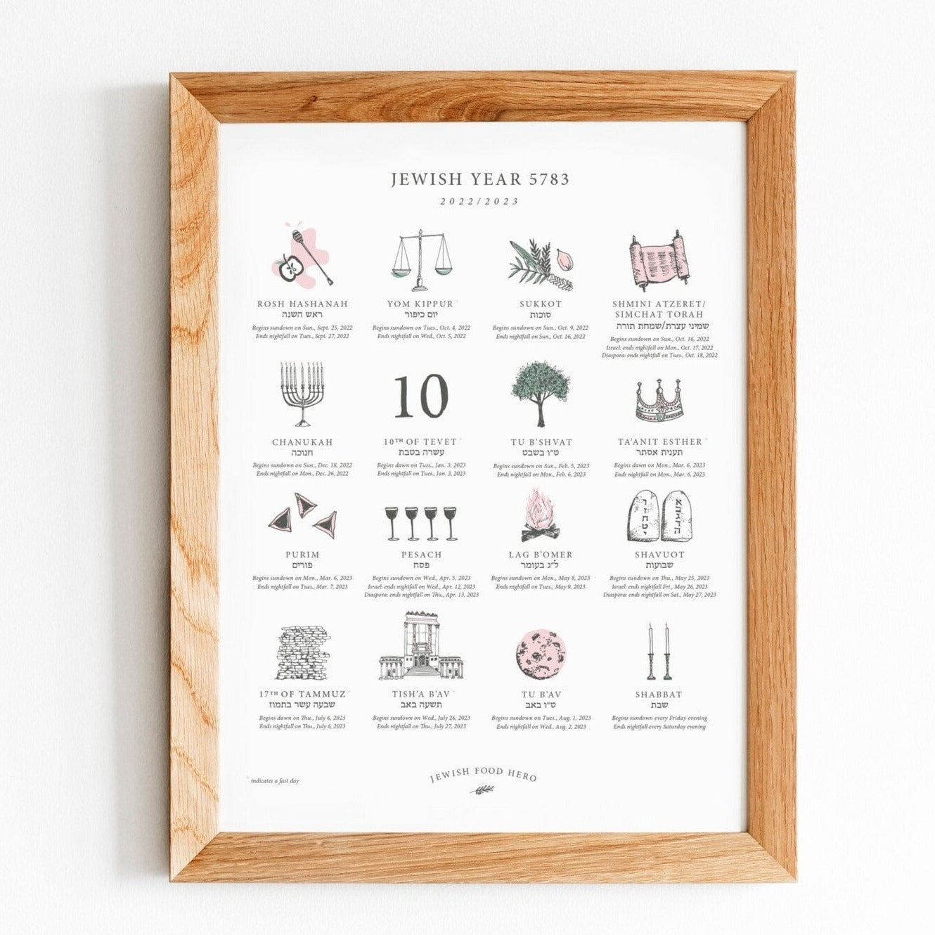 Jewish Food Hero Calendars Jewish Holiday Calendar Print 5782 (2021 - 2022) - Frame Not Included