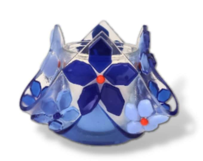 Shevi B Glass Creations Candlesticks Floral Yahrzeit Candle Holder - Blue