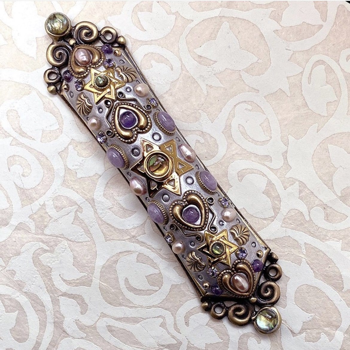 Michal Golan Mezuzahs Michal Golan Handmade Abalone and Amethyst Mezuzah