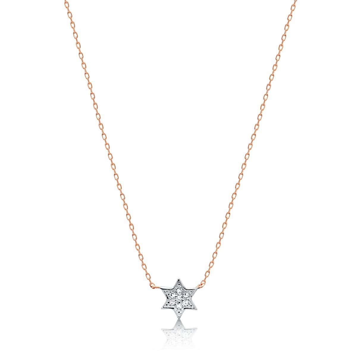 Alef Bet Necklaces Rose Gold Petite Diamond Jewish Star Necklace in 14k Gold, White Gold or Rose Gold