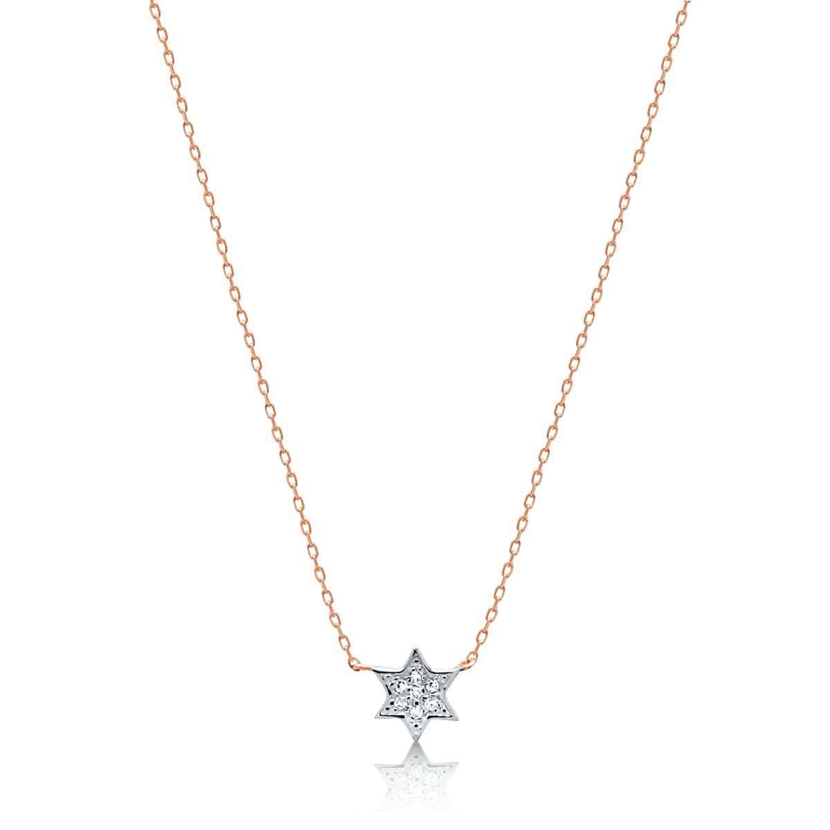 Alef Bet Necklaces Rose Gold Petite Diamond Jewish Star Necklace in 14k Gold, White Gold or Rose Gold