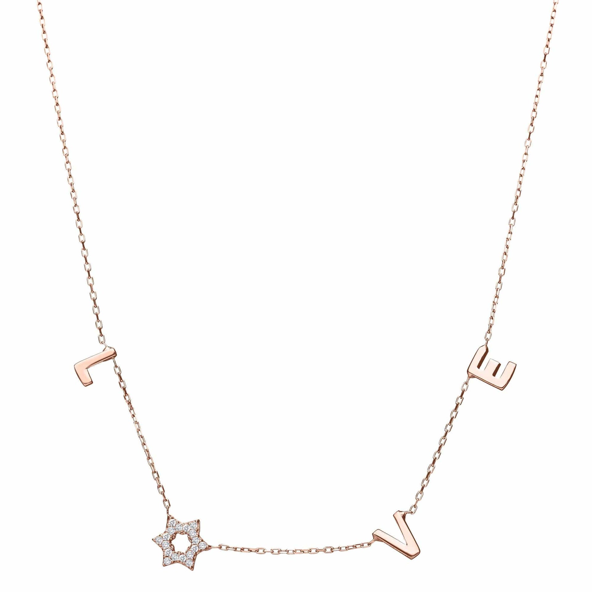 Alef Bet Necklaces Rose Gold Love Necklace with a Sparkling Star of David - Silver, Gold or Rose Gold
