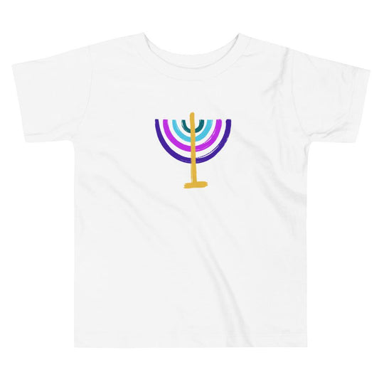 Colorful Menorah Toddler Short Sleeve T-Shirt - (White, Blue or Pink)