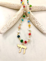Tova Malibu Necklaces Happy Life Rainbow Crystal 14k Gold Chai Necklace