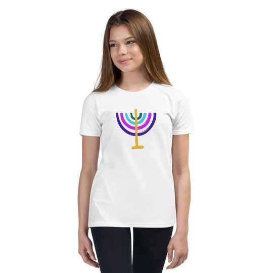 Colorful Menorah Kids Short Sleeve T-Shirt - (White, Blue or Gray)