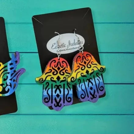 Eclectic Judaica Earrings Wooden Rainbow Hamsa Earrings