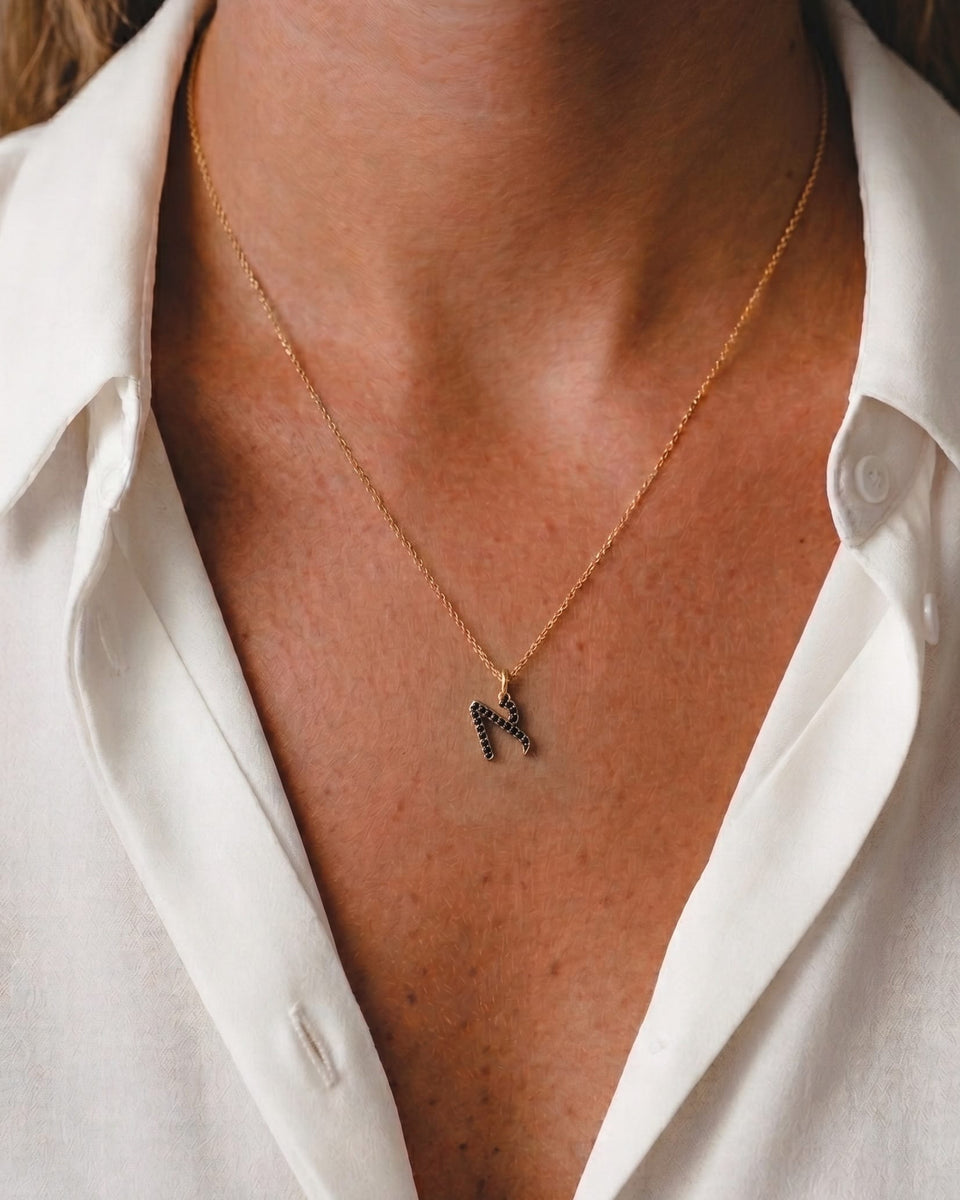 HOTCROWN Necklaces Black Diamond Alef Bet Letter Necklace - 14k Yellow, White or Rose Gold