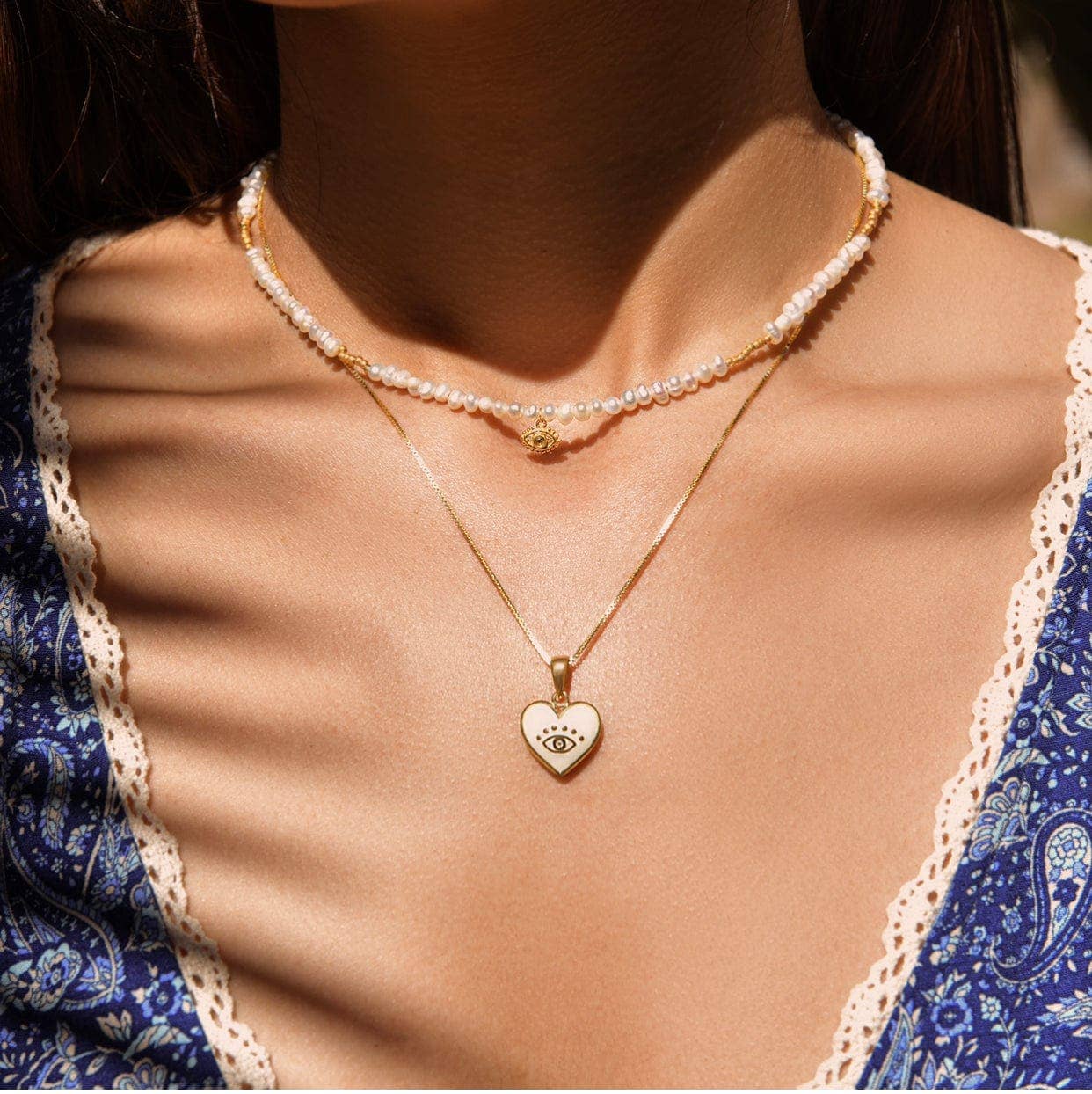 Karma and Luck Necklaces Evil Eye Diamond White Enamel Heart Necklace