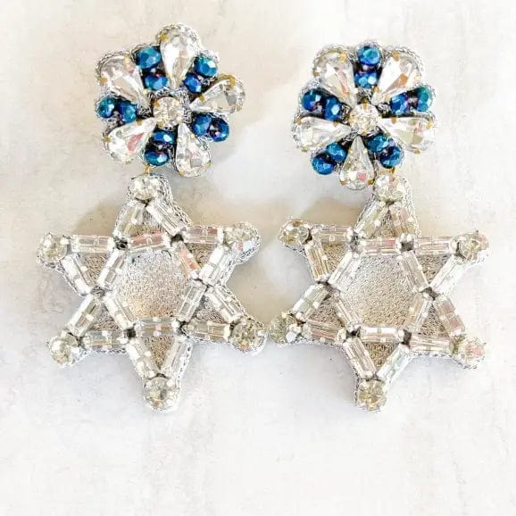 Dos Femmes - Sparkly Silver and Blue Star of David Earrings - ModernTribe