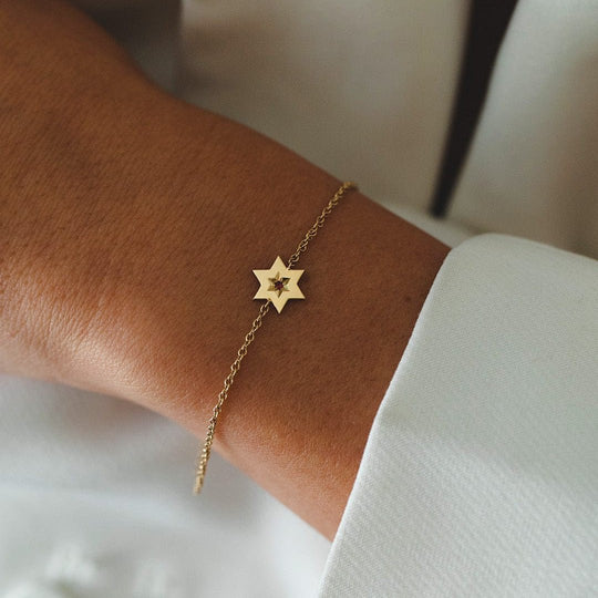 Gaza Envelope Shield Star of David Bracelet with a Ruby - 14k Yellow, Rose or White Gold