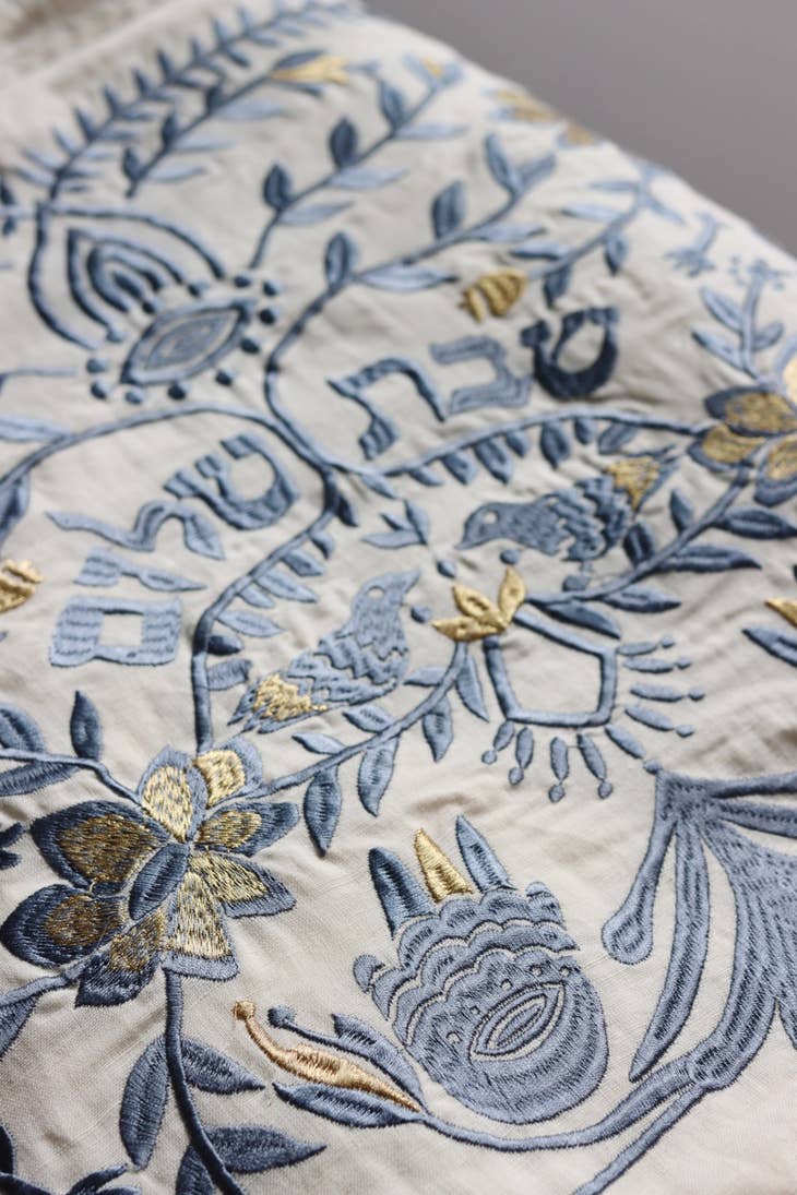 EMUNAH - Handmade Linen Challah Cover - Blue and Gold - ModernTribe