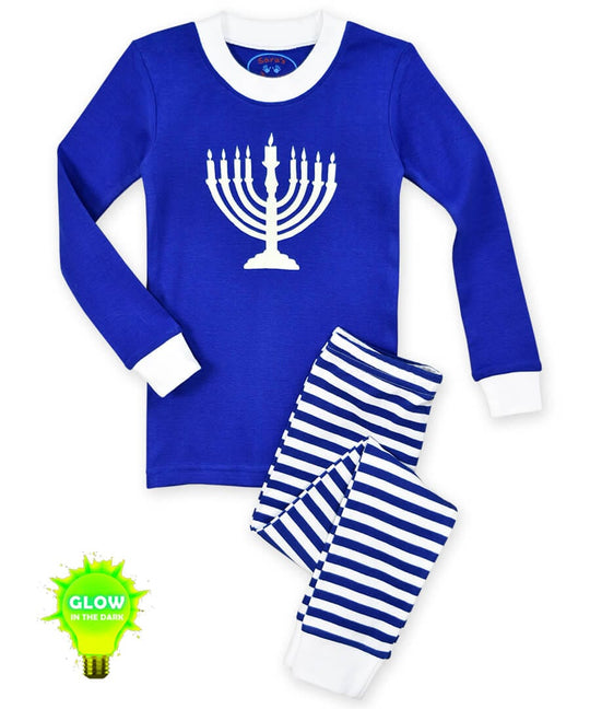 Glow-in-the-Dark Menorah Long John Pajamas - (Kids Unisex Sizes 12M - 16)