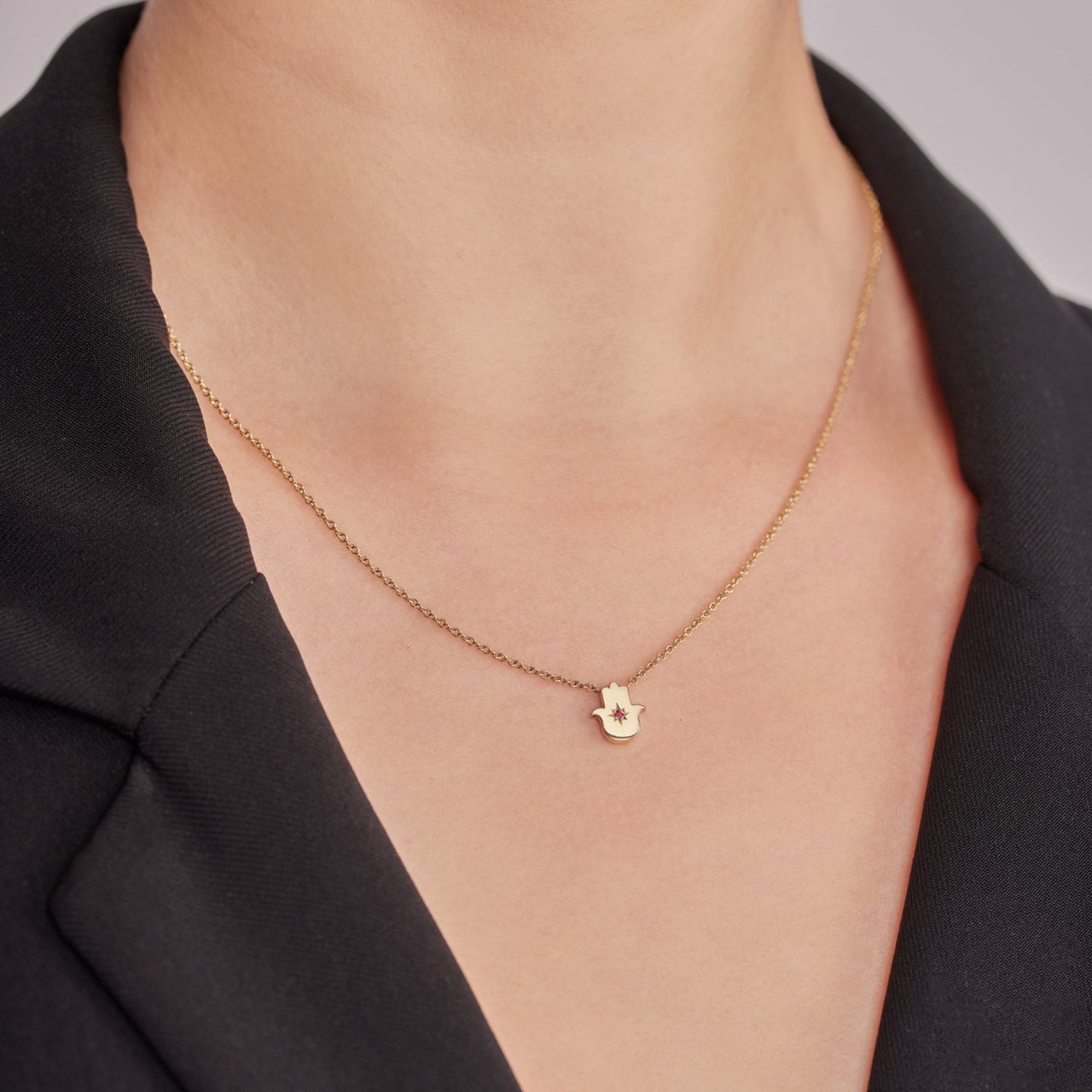HOTCROWN - Floating Hamsa Gemstone Necklace with a Ruby or Emerald - 14k Yellow, Rose or White Gold - ModernTribe