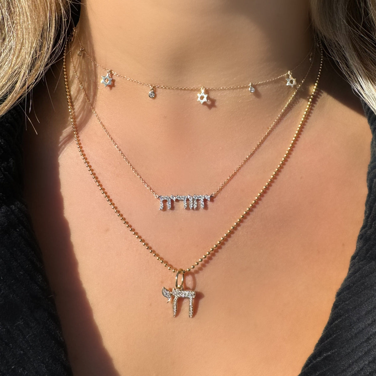 Izakov Fine Jewelry Necklaces Dangling Stars of David Bezels Diamond Drop Necklace - 14k Yellow, White or Rose Gold