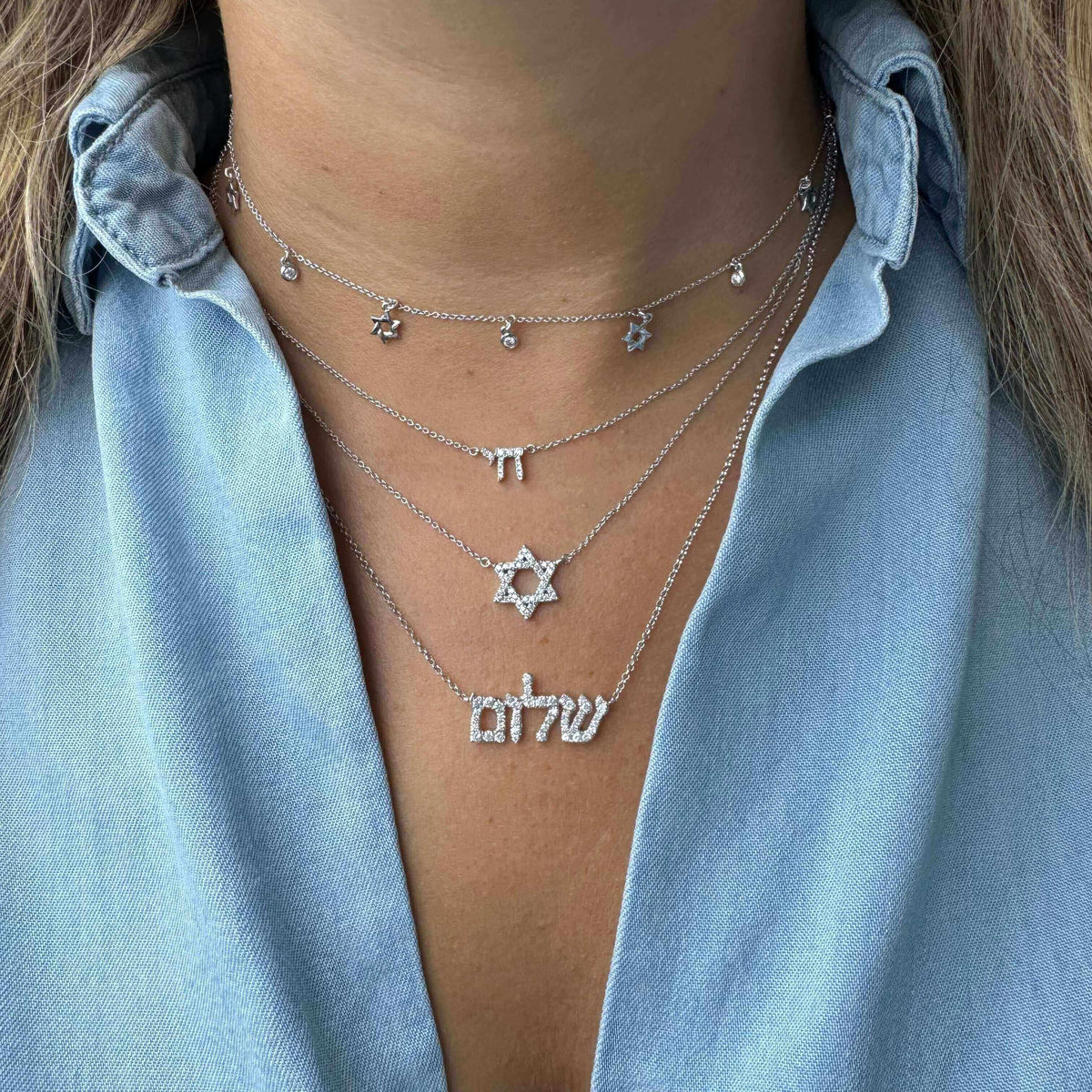 Izakov Fine Jewelry Necklaces Dangling Stars of David Bezels Diamond Drop Necklace - 14k Yellow, White or Rose Gold