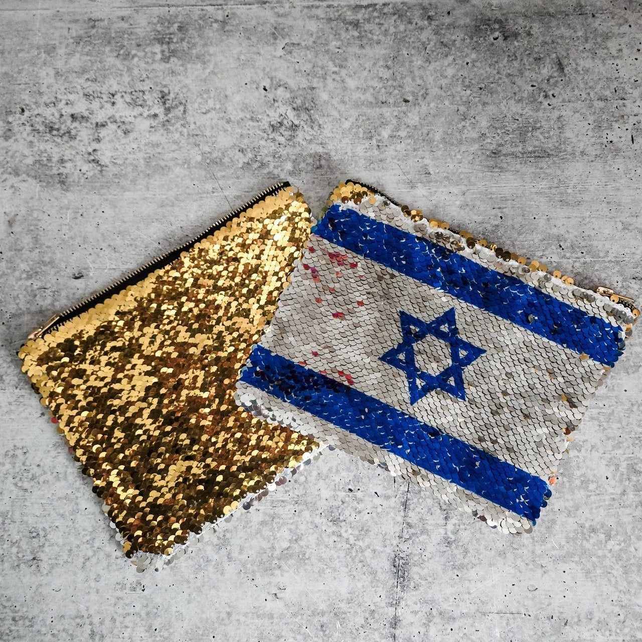 Salt and Sparkle - Israeli Flag and Gold Sequin Flip Cosmetic Bag - ModernTribe