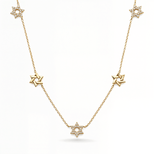 Stars of David Alternating Diamond Station Necklace - 14k Yellow, White or Rose Gold