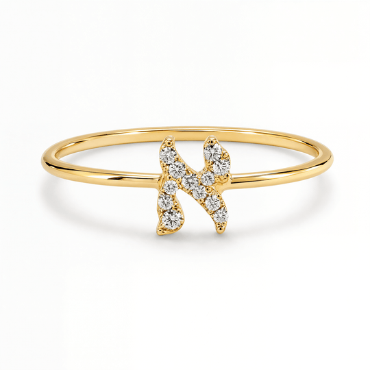 Personalized Hebrew Initial Diamond Ring - 14k Yellow Gold