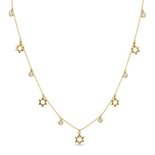Dangling Stars of David Bezels Diamond Drop Necklace - 14k Yellow, White or Rose Gold
