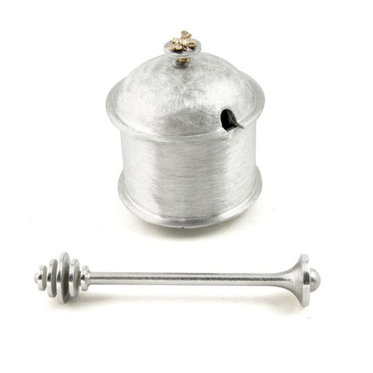 Elegant Metal Honey Jar with Bronze Bee and Round Contoured Honey Dipper by Joy Stember