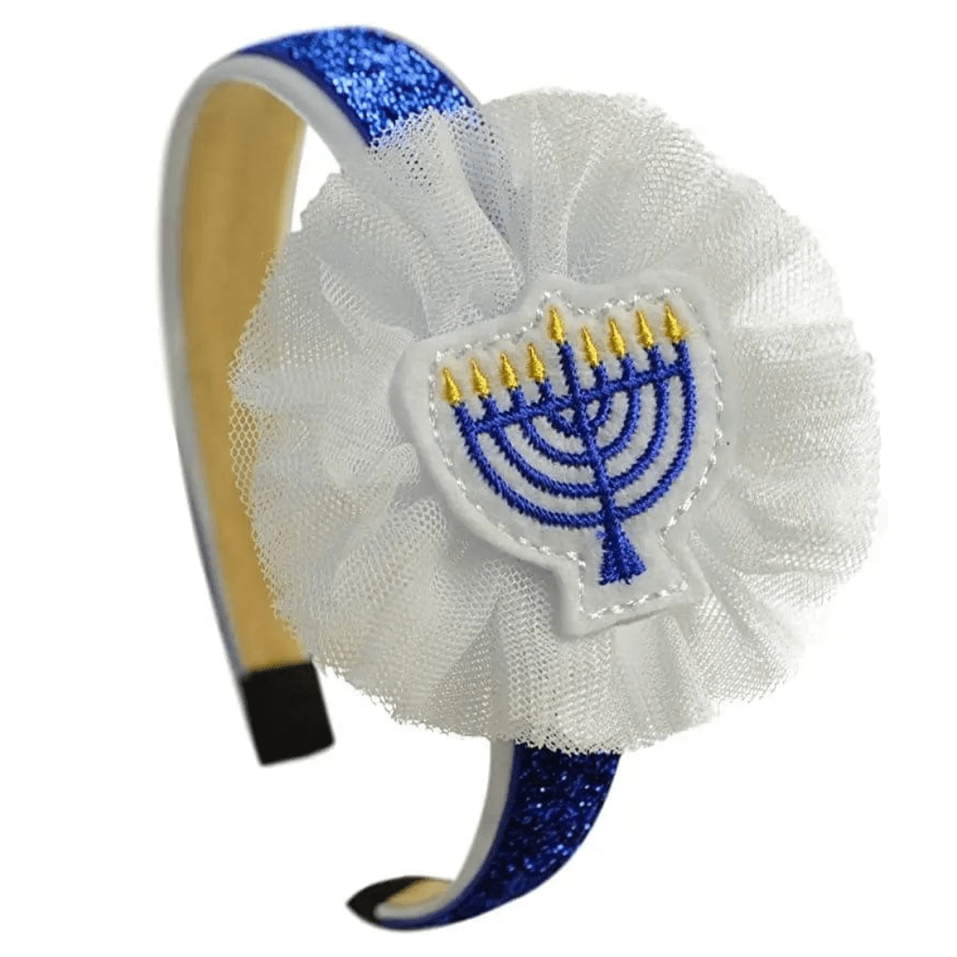 Funny Girl Designs Headbands One Size Embroidered Menorah Arch Tulle Flower Headband