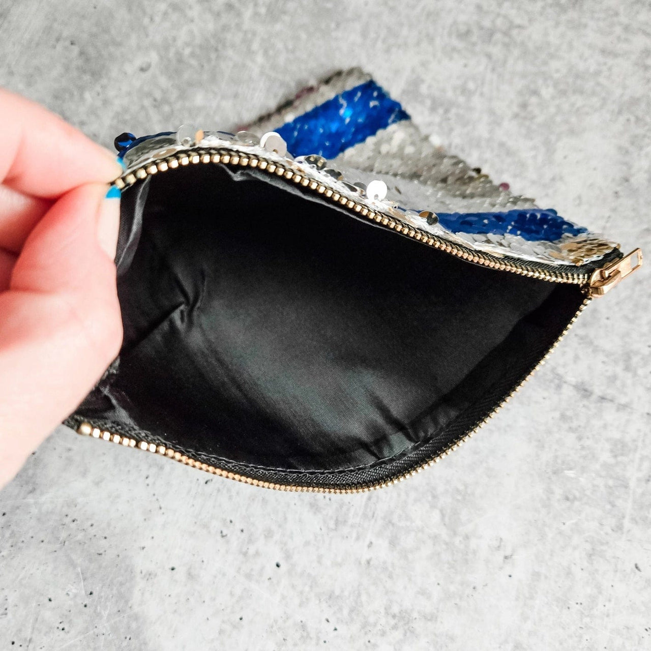 Salt and Sparkle - Israeli Flag and Gold Sequin Flip Cosmetic Bag - ModernTribe