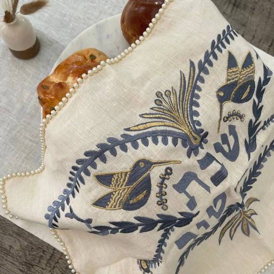 Handmade Birds and Shabbat Shalom Challah Cover - Blue and Gold