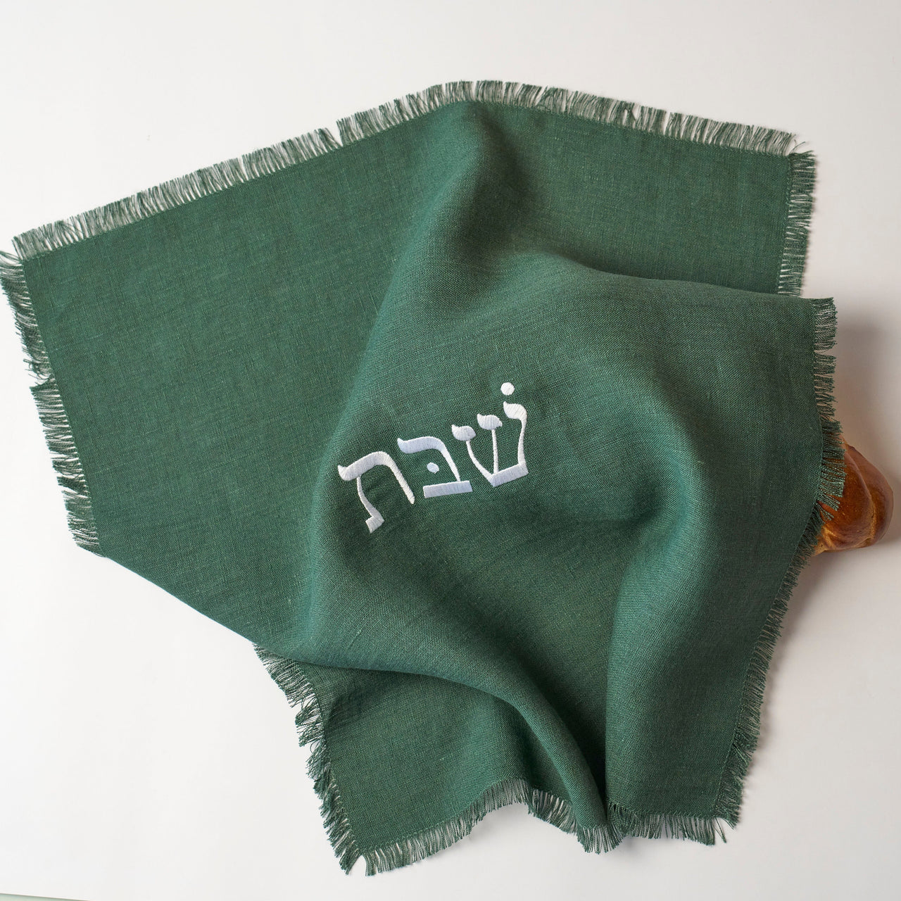 Embroidered Linen Challah Cover - Dark Green
